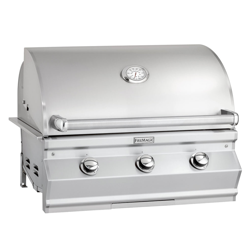 Built-in gas grill with stainless hood, three control knobs, and built-in thermometer