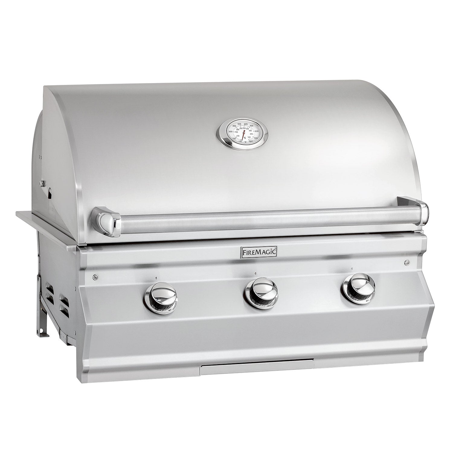 Built-in gas grill with stainless hood, three control knobs, and built-in thermometer