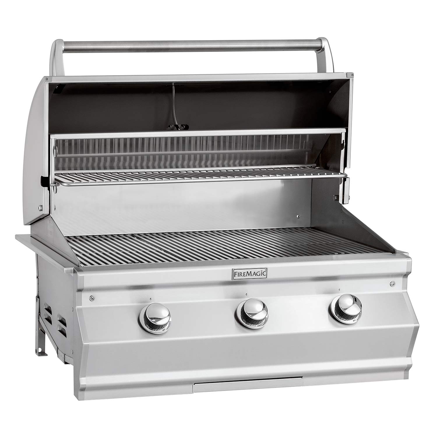 Built-in gas grill with open hood showing stainless cooking grates and burner area