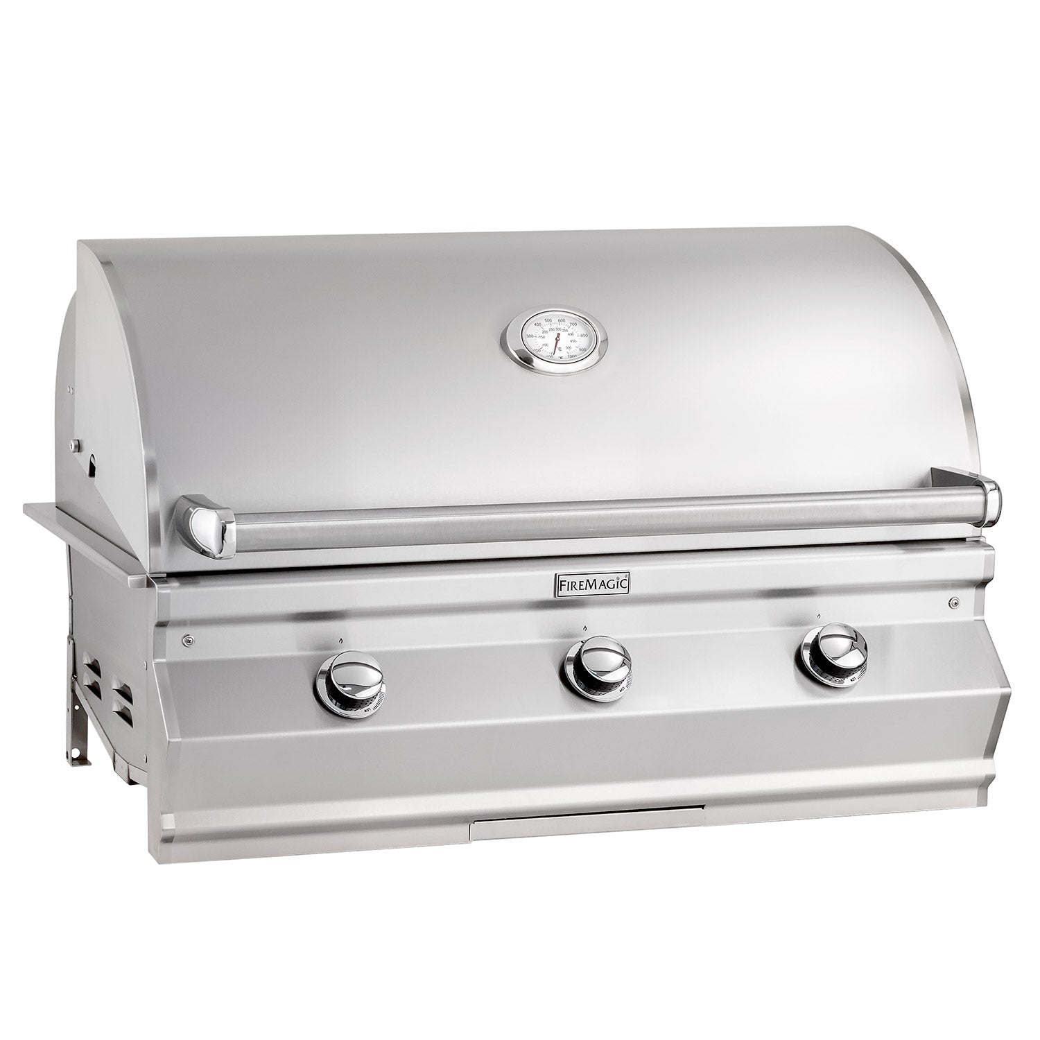 Built-in gas grill with stainless hood, front control knobs, and side cabinet panels.