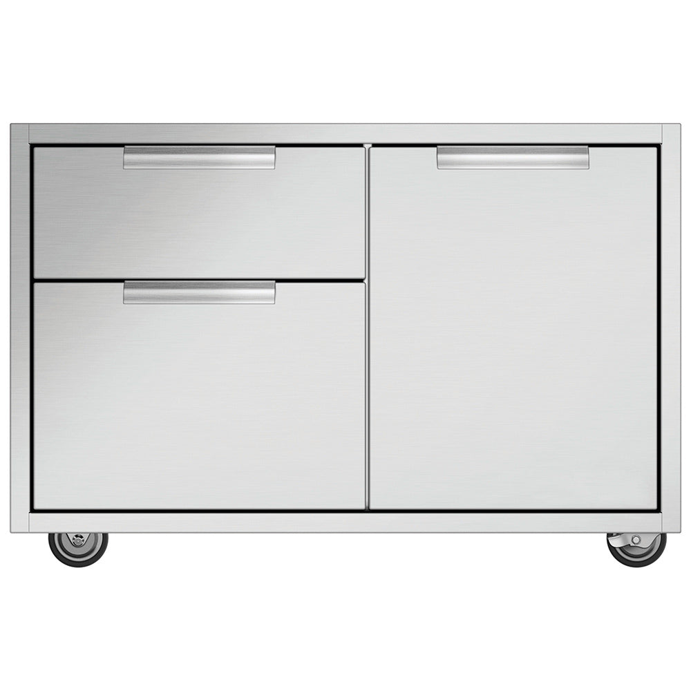 Stainless steel grill cart with two drawers, two cabinet doors, and four caster wheels
