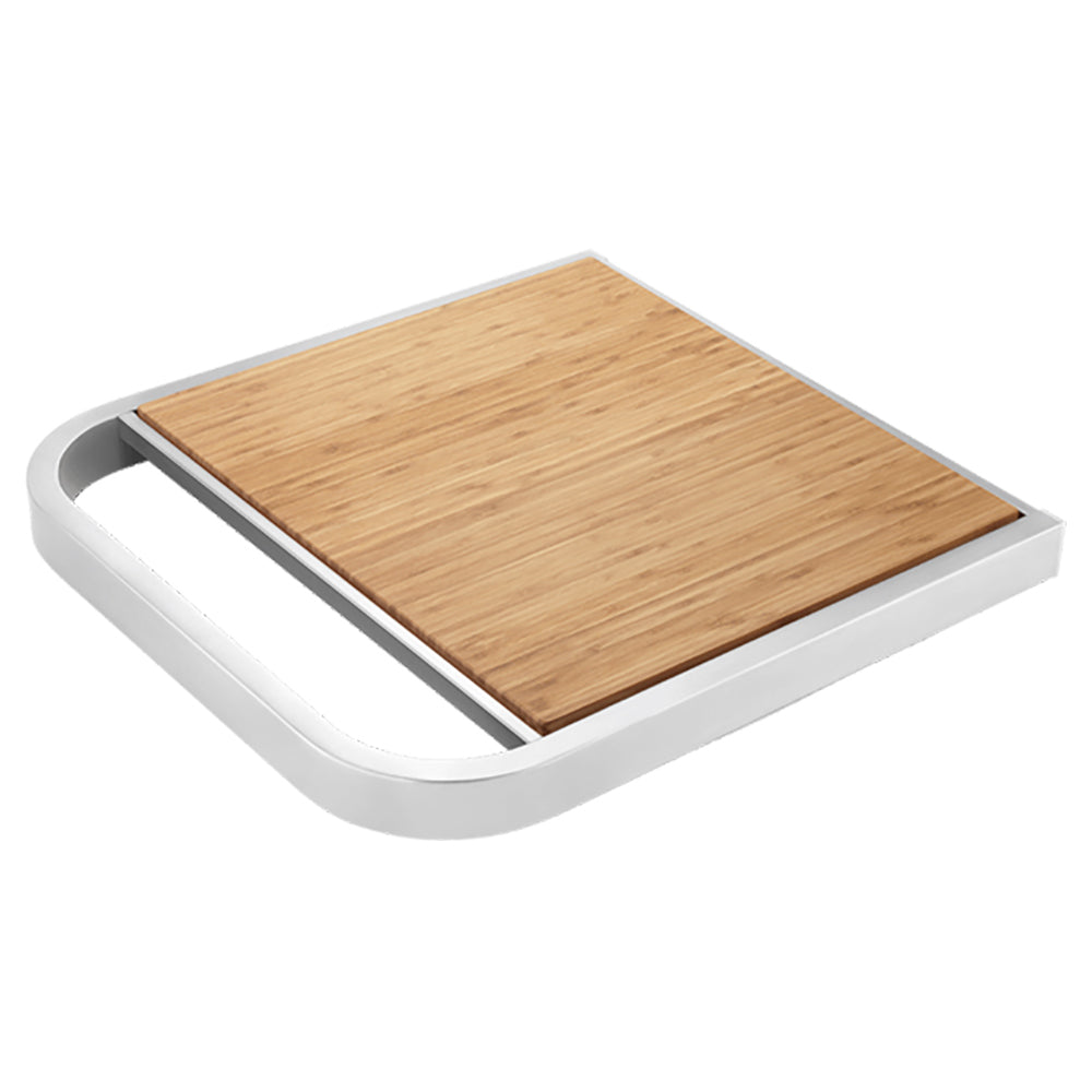 Side shelf with light wood rectangular top and white metal frame for CAD grill cart
