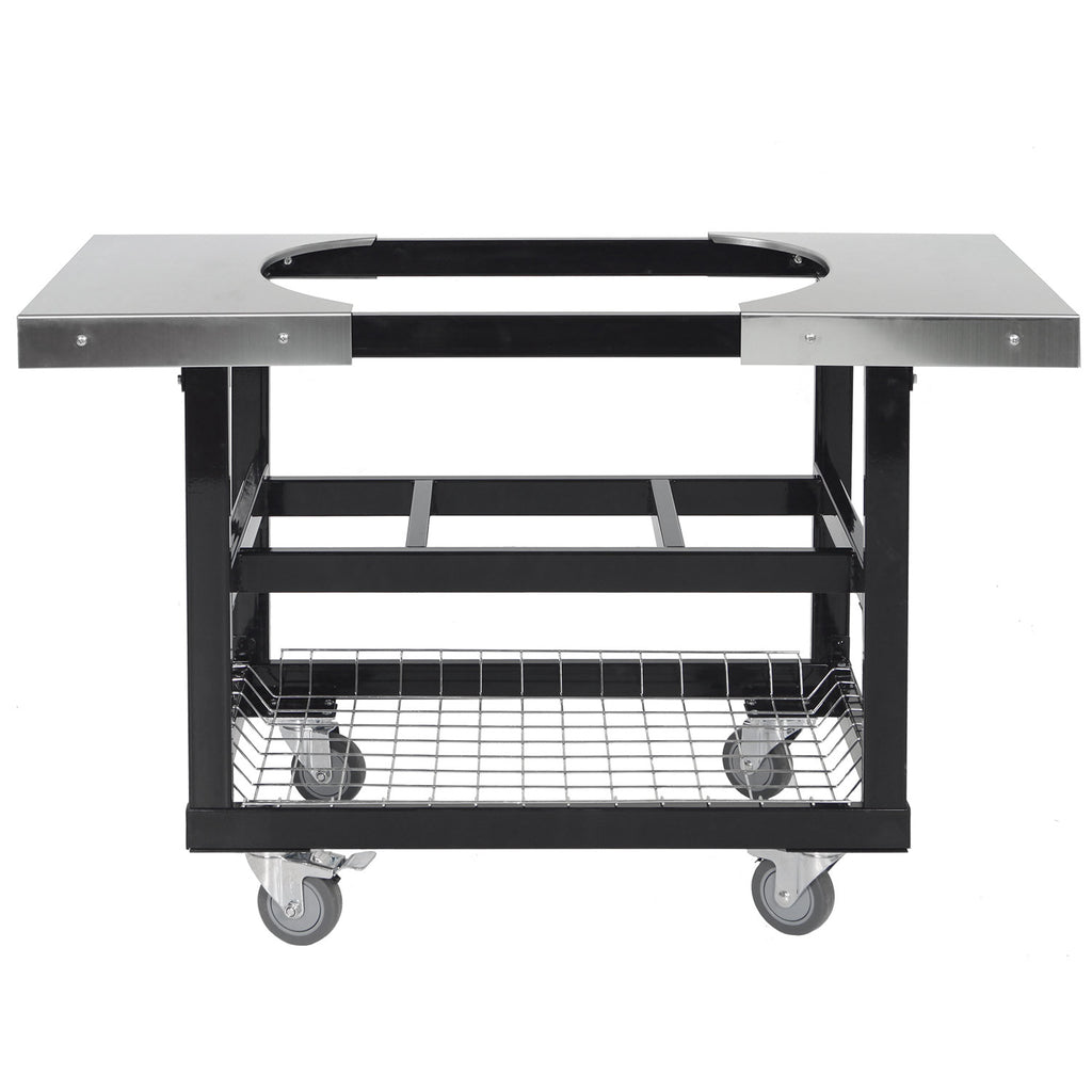 Black grill cart with stainless side shelves, wire shelf, and caster wheels
