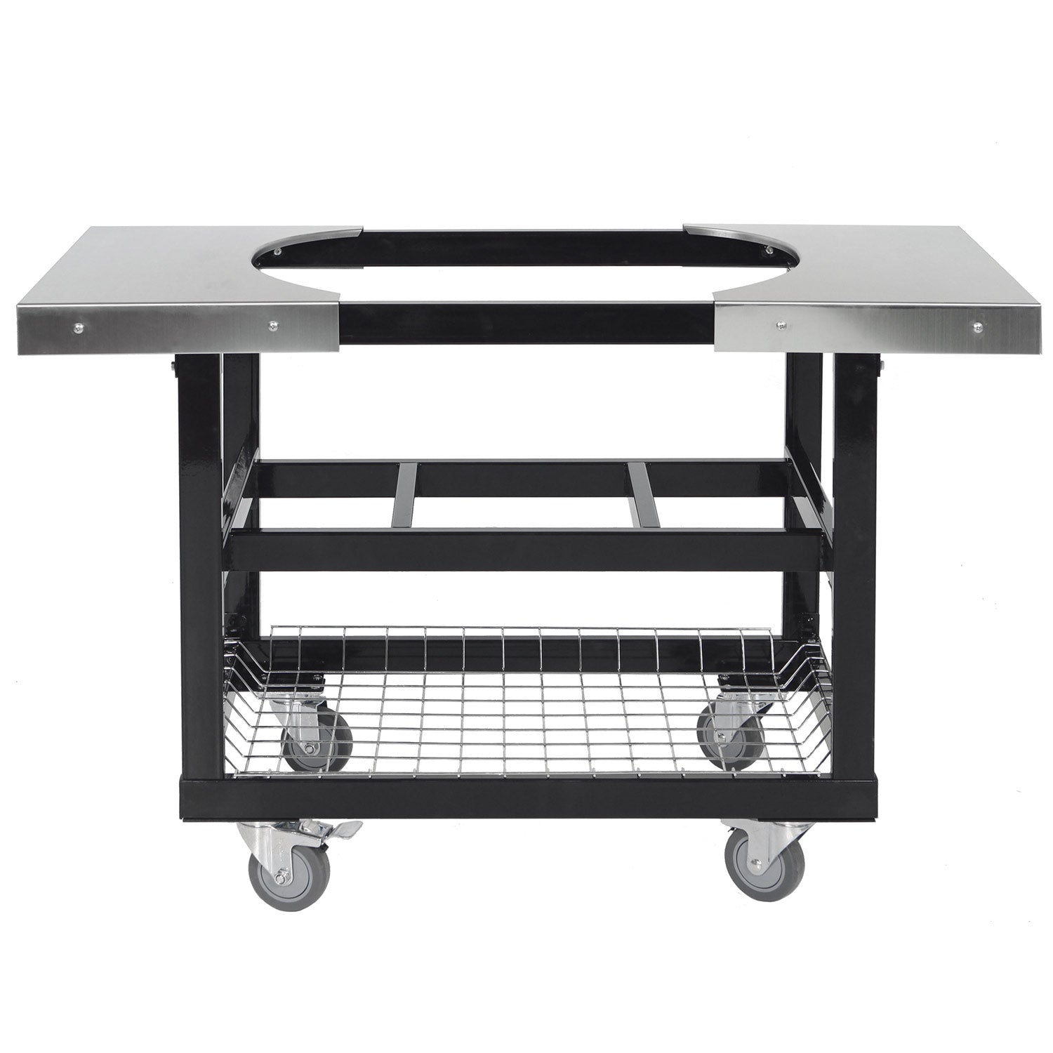 Black grill cart with stainless side shelves, wire shelf, and caster wheels