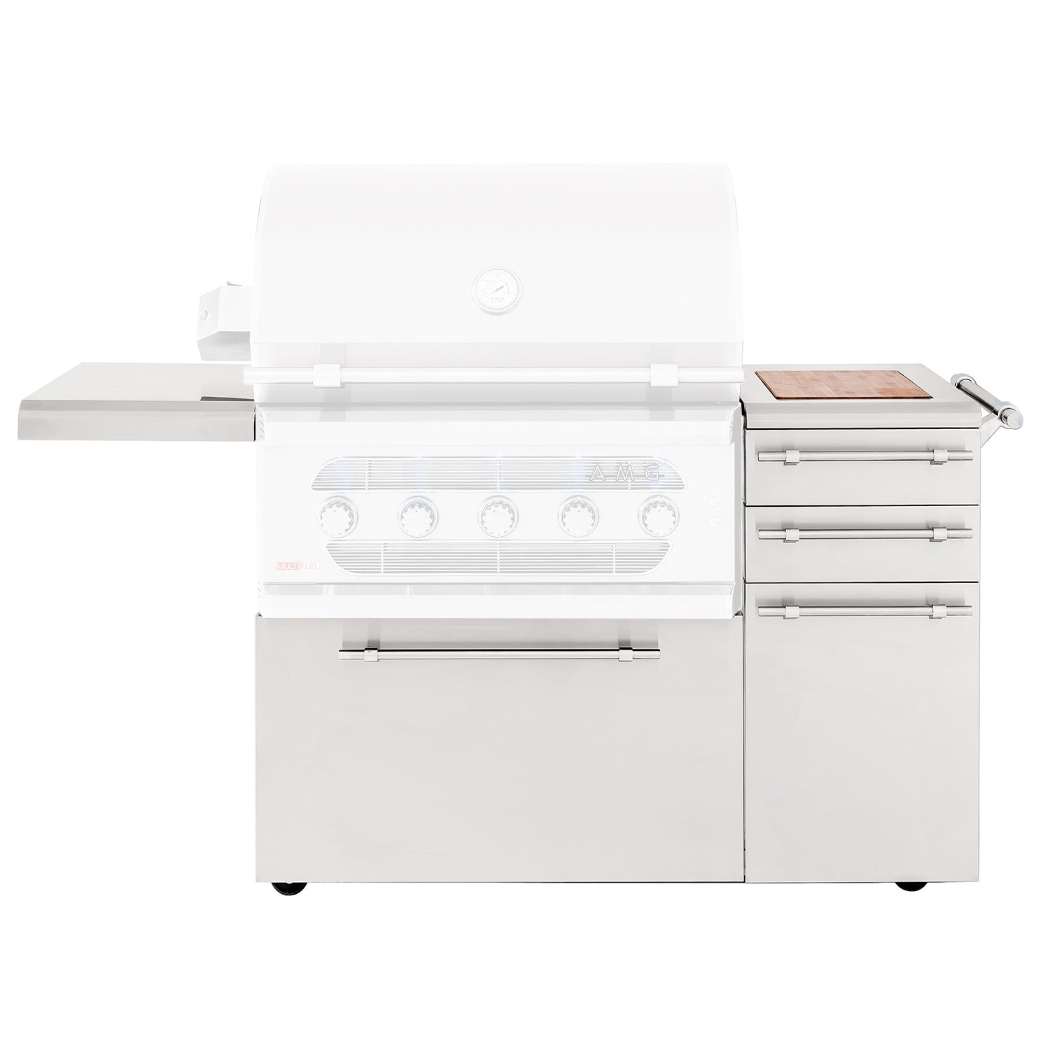 Stainless freestanding grill cart with wooden side shelf and control knobs, open lid