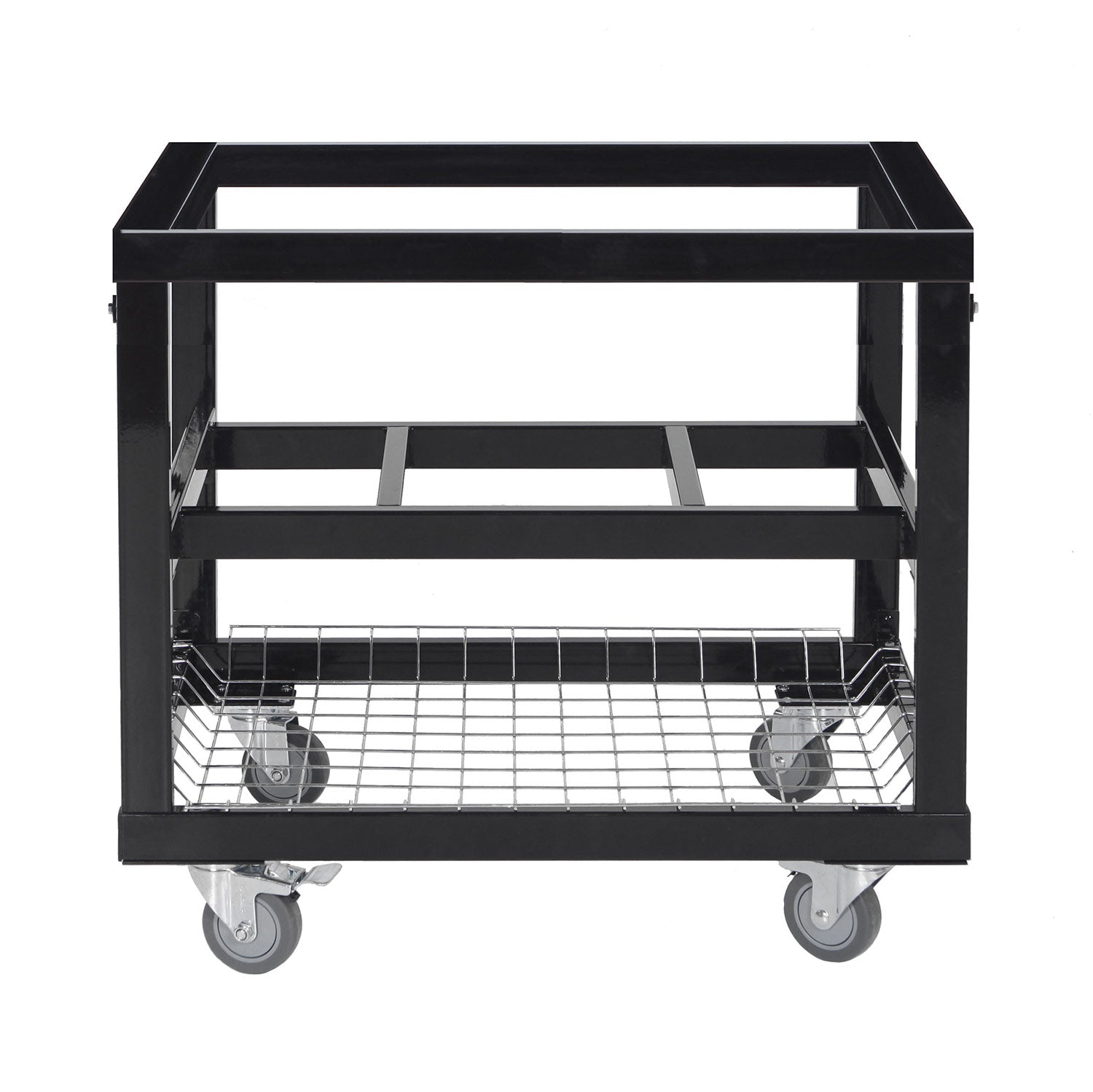 Black metal utility cart with wire basket, open shelves, and 4 caster wheels