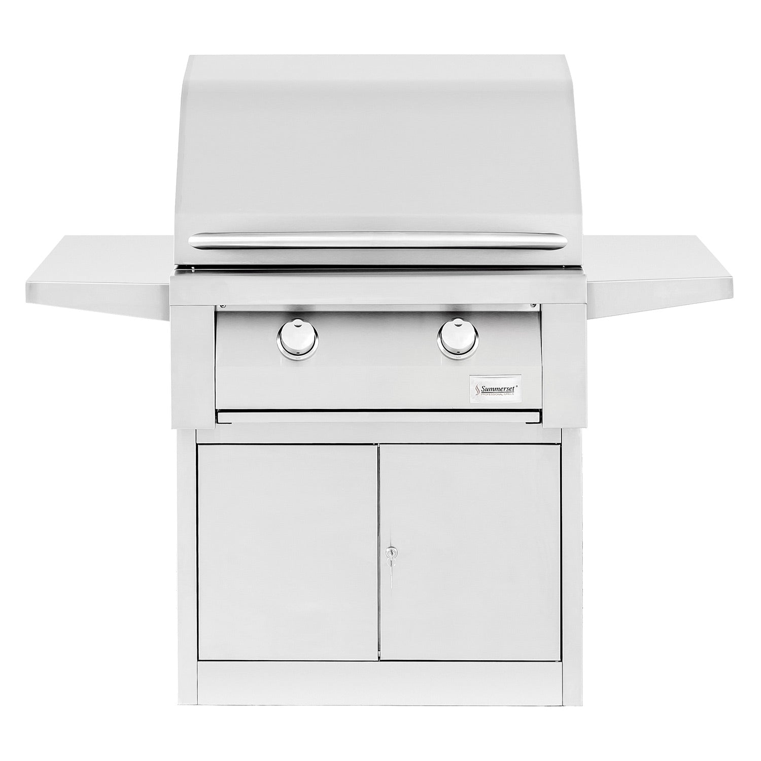 Gas grill with stainless steel lid and two front control knobs
