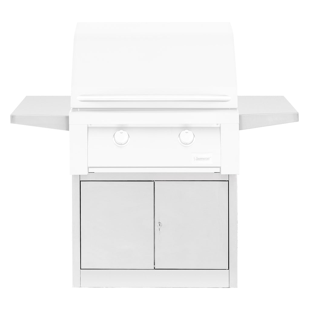 30-inch white grill pedestal with front doors and control knobs