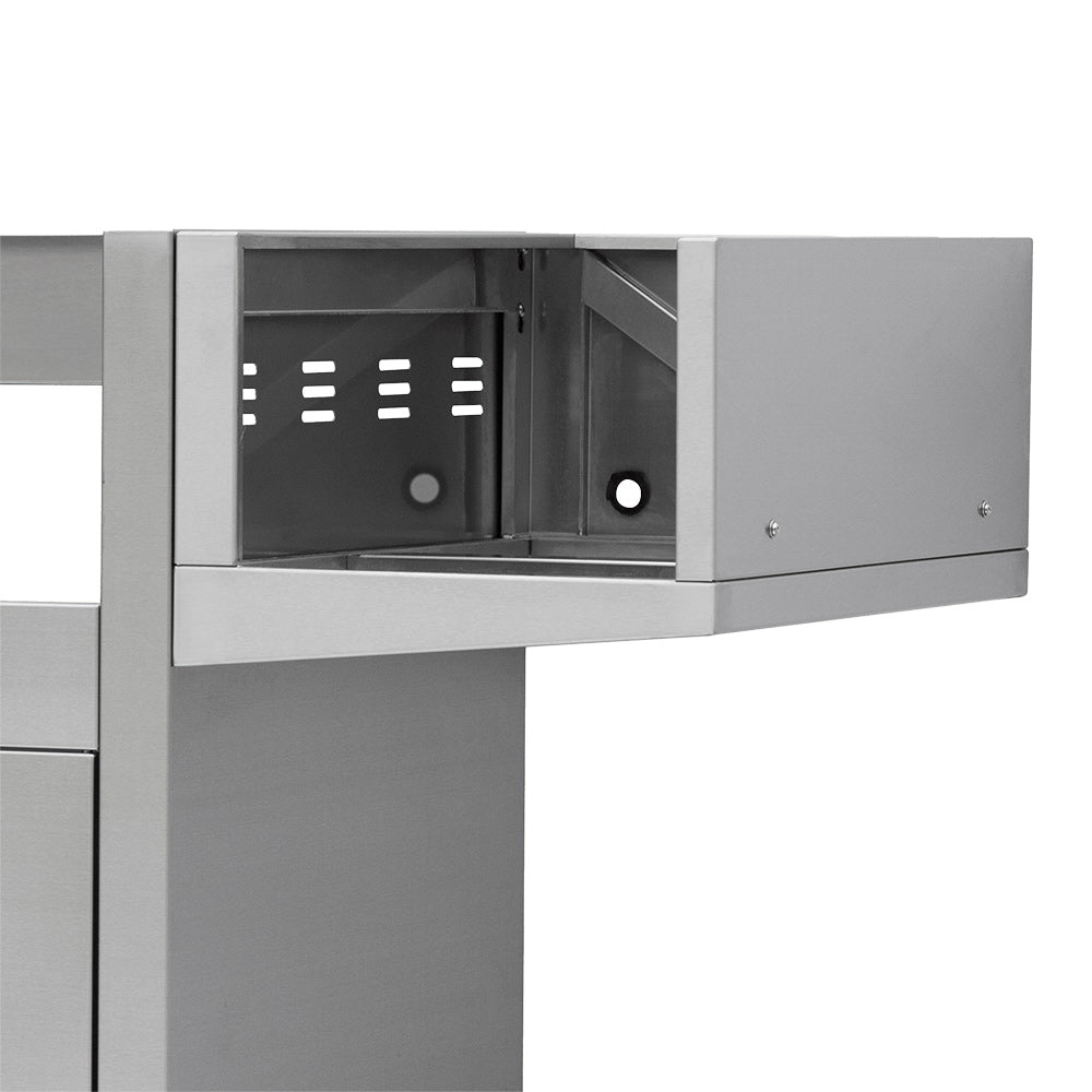 Metal side burner mounting bracket with open cabinet and screw holes