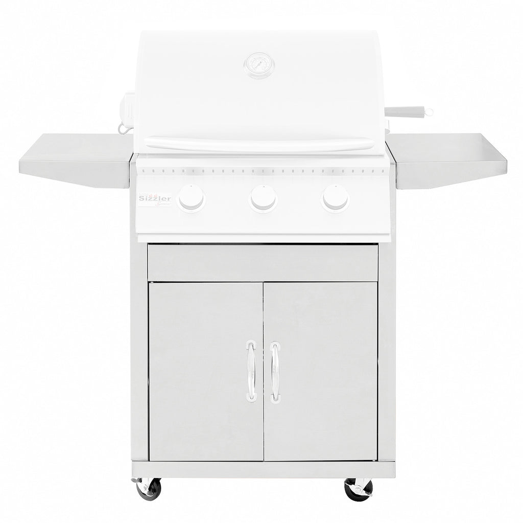 26-inch grill cart with two-door cabinet and side shelves, white finish