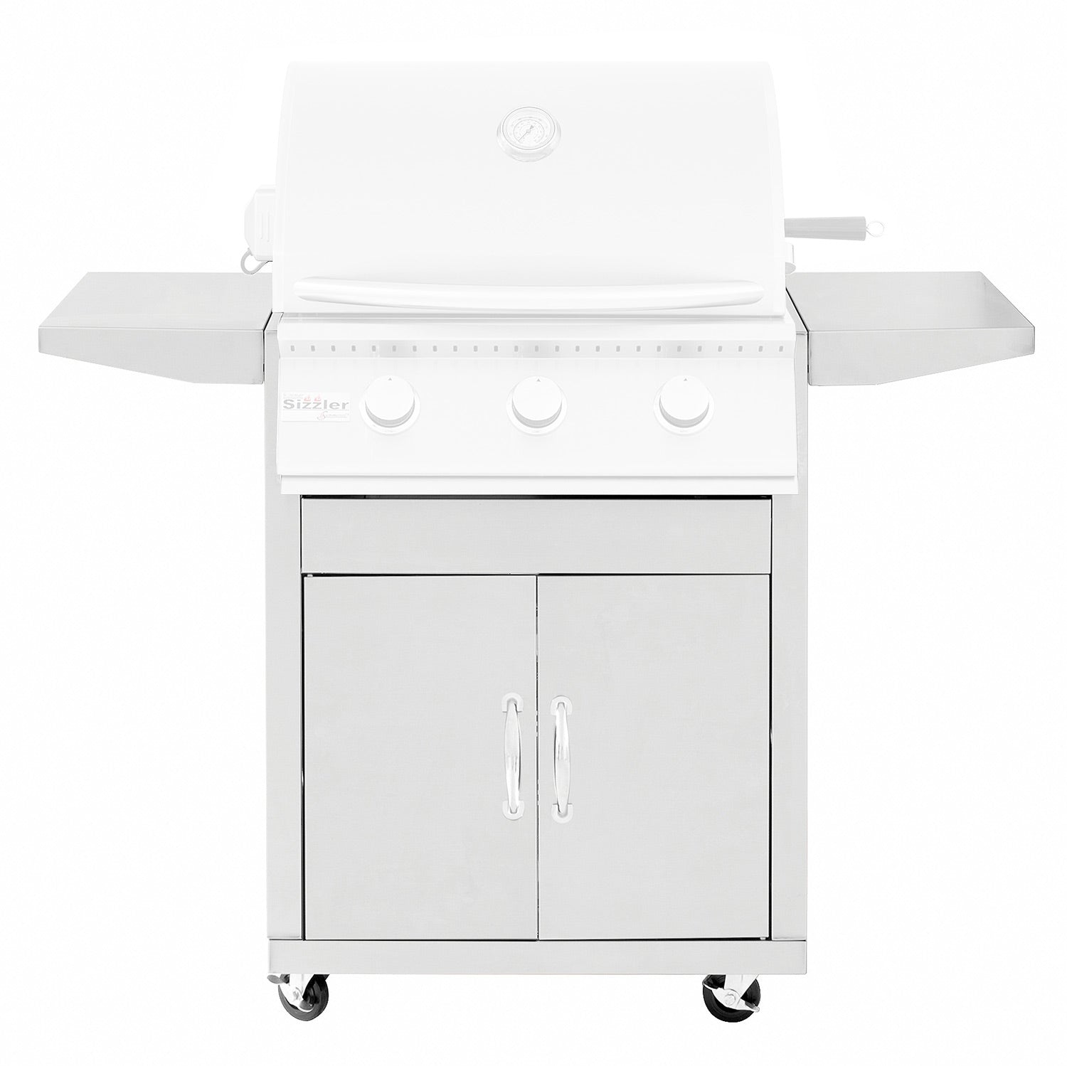 26-inch grill cart with two-door cabinet and side shelves, white finish