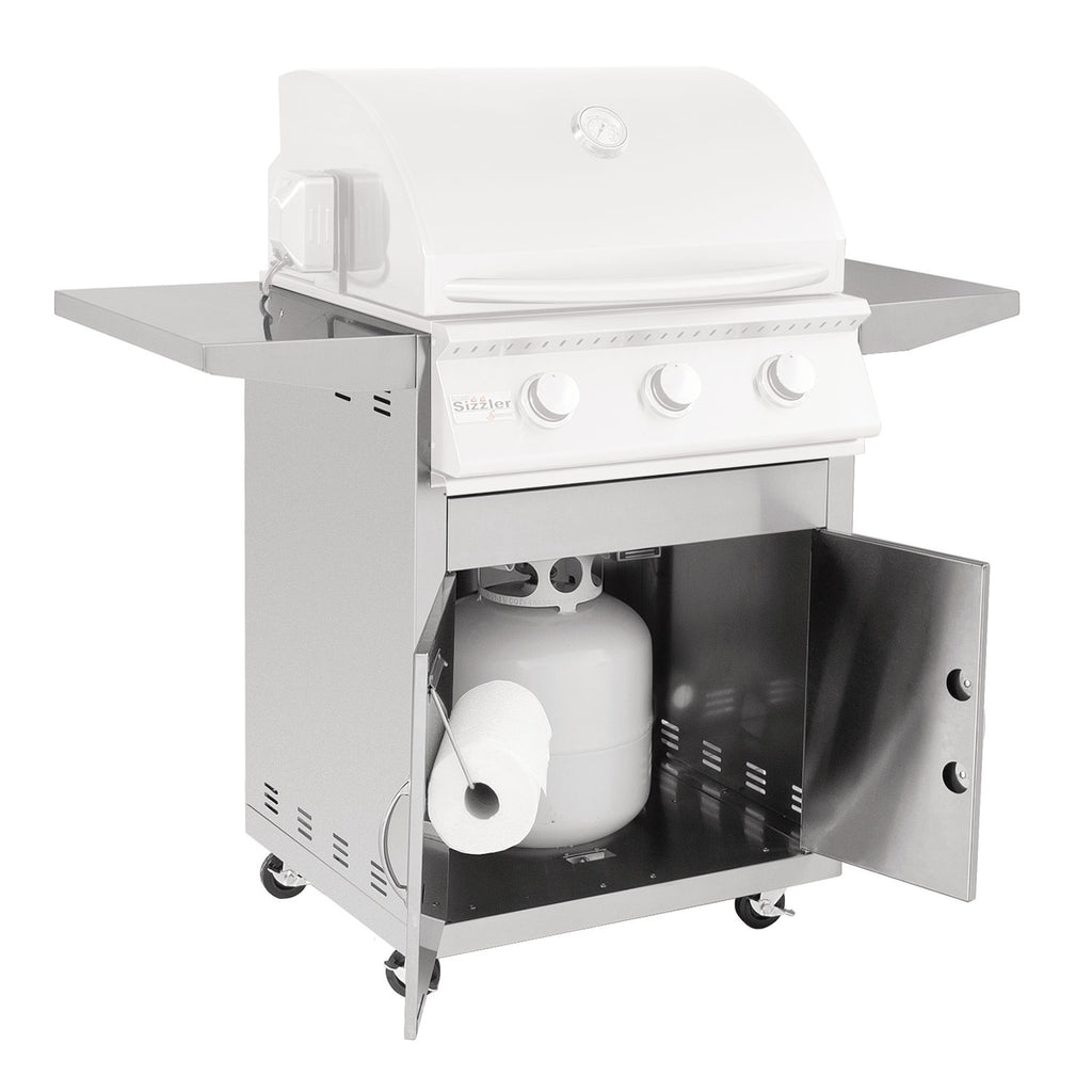 26-inch grill cart with open storage cabinet and paper towel holder