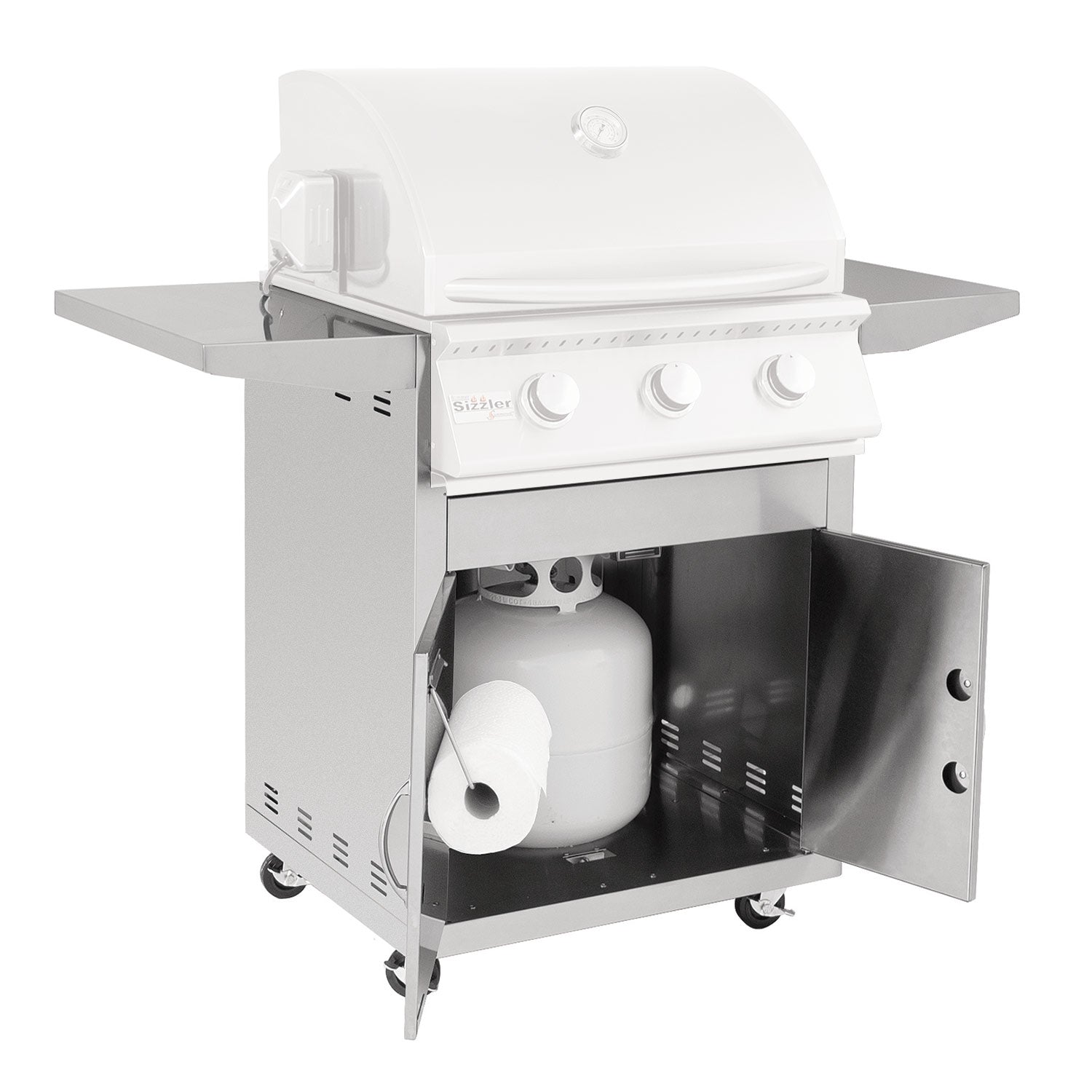 26-inch grill cart with open storage cabinet and paper towel holder