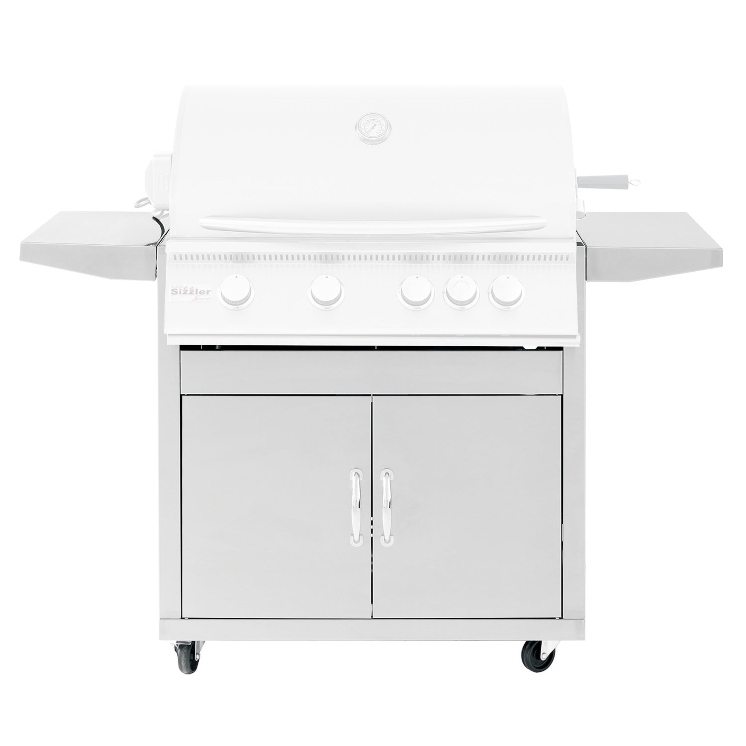 32-inch grill cart with white cabinet doors, control knobs, and side shelves