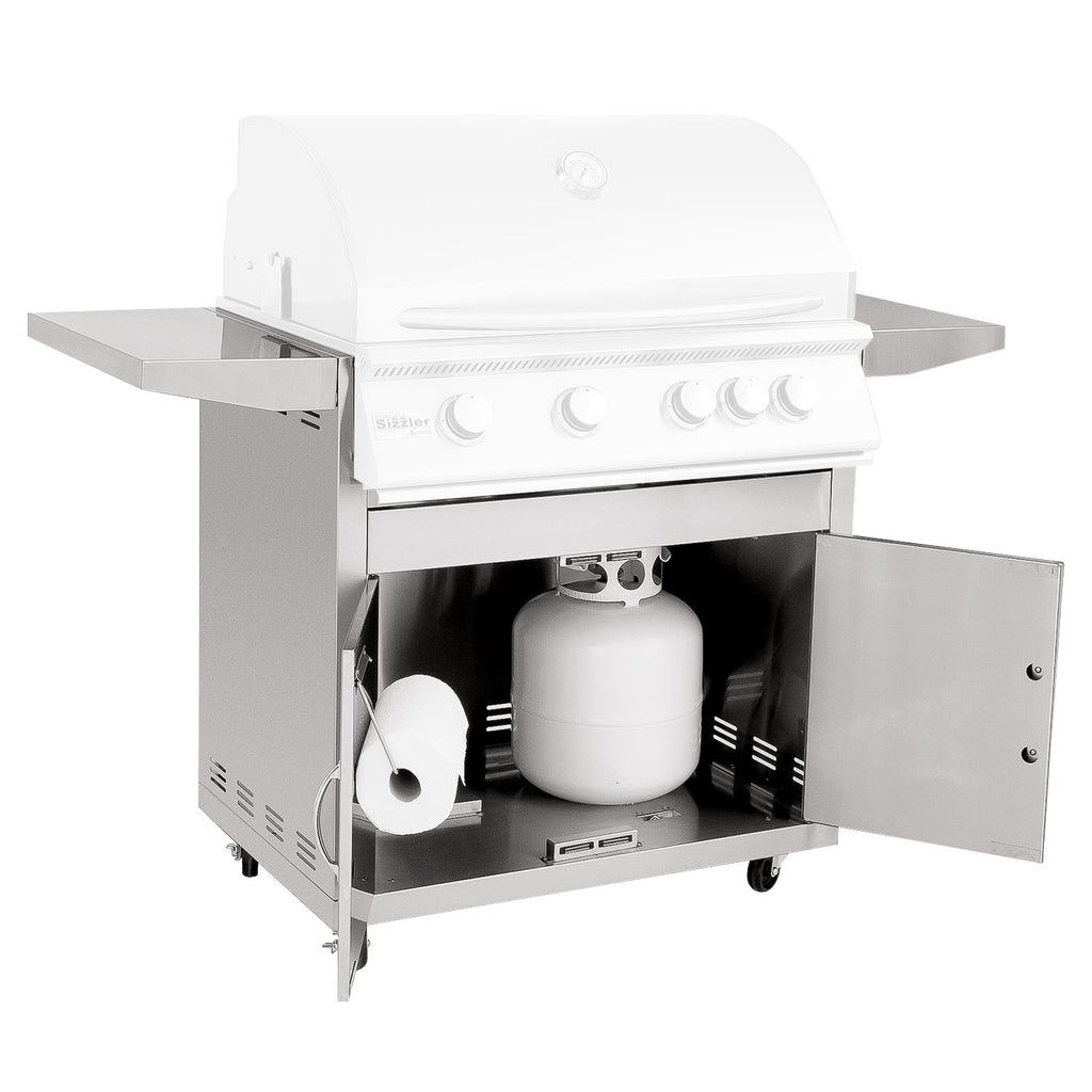 32-inch grill cart with open cabinet, white gas cylinder, and side panels