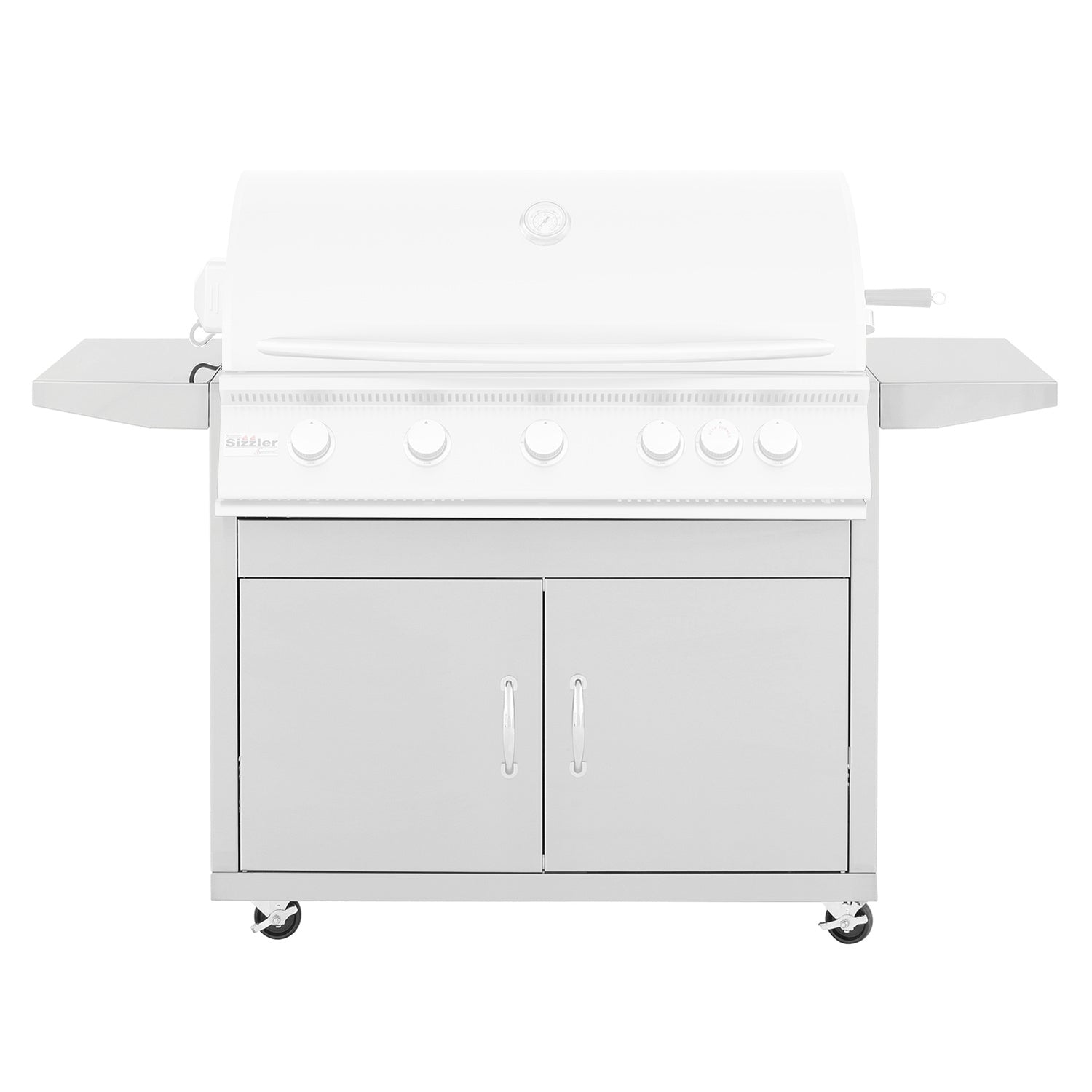 40-inch grill cart front with two cabinet doors, handle, and caster wheels, white finish