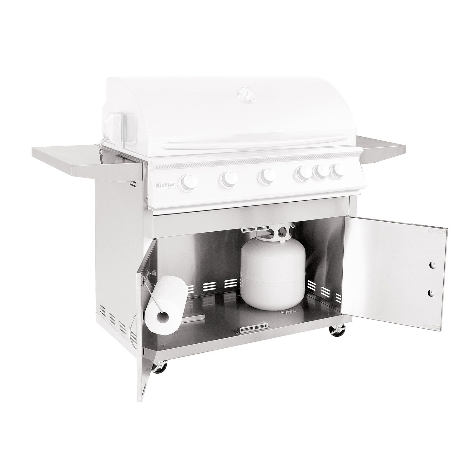 40-inch grill cart with open side cabinet and storage shelf, white finish