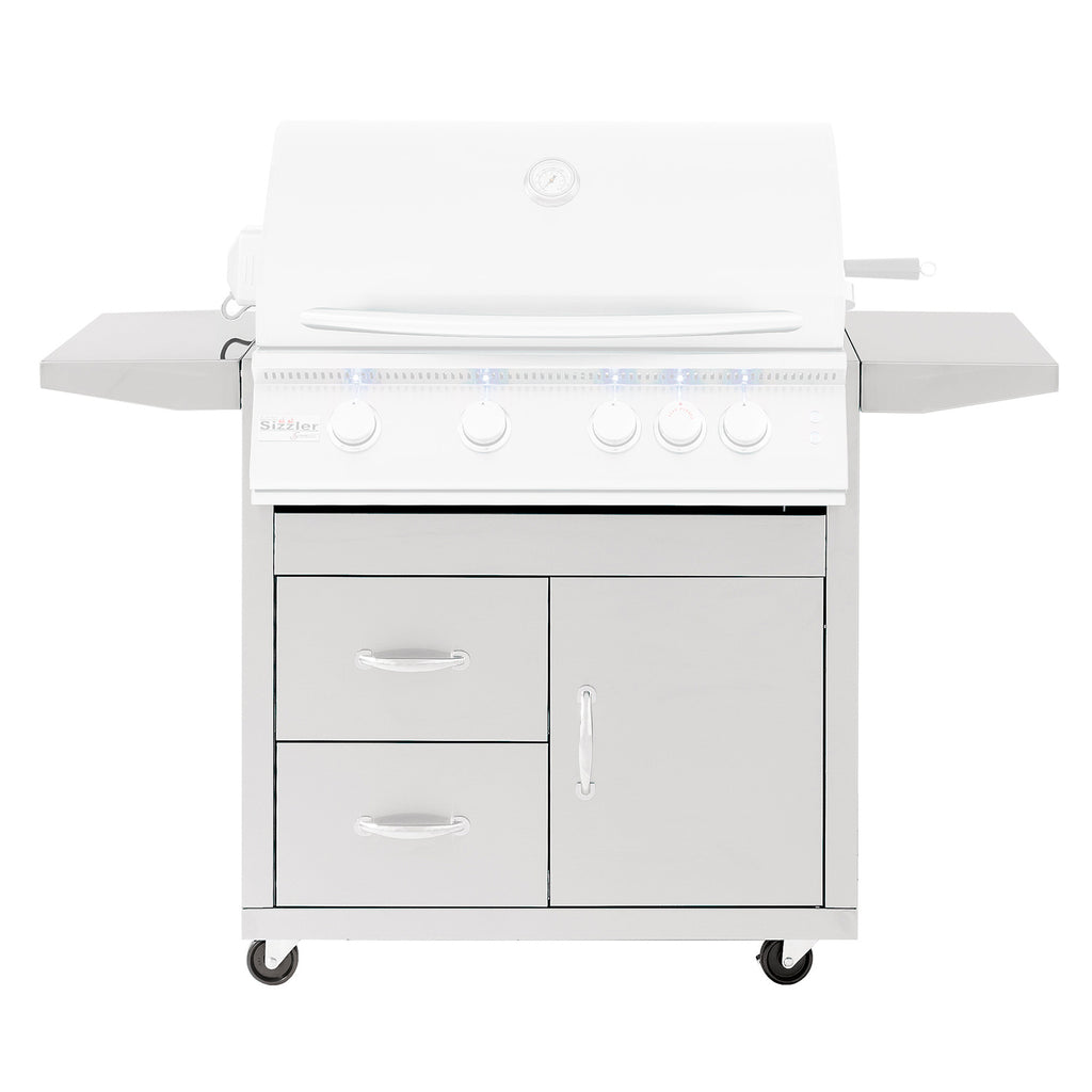 White grill cart with front cabinet doors, drawers, and control panel with knobs