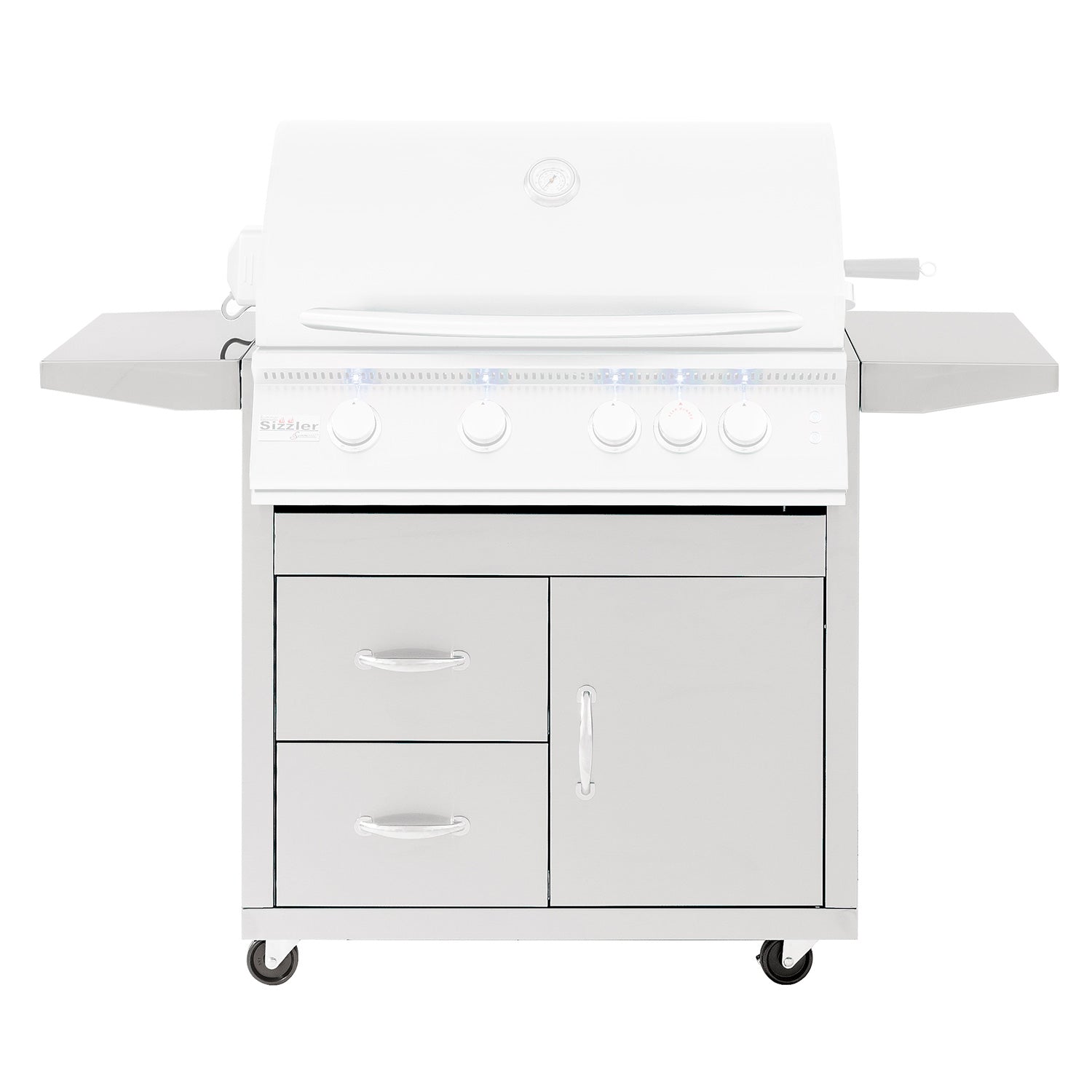 White grill cart with front cabinet doors, drawers, and control panel with knobs