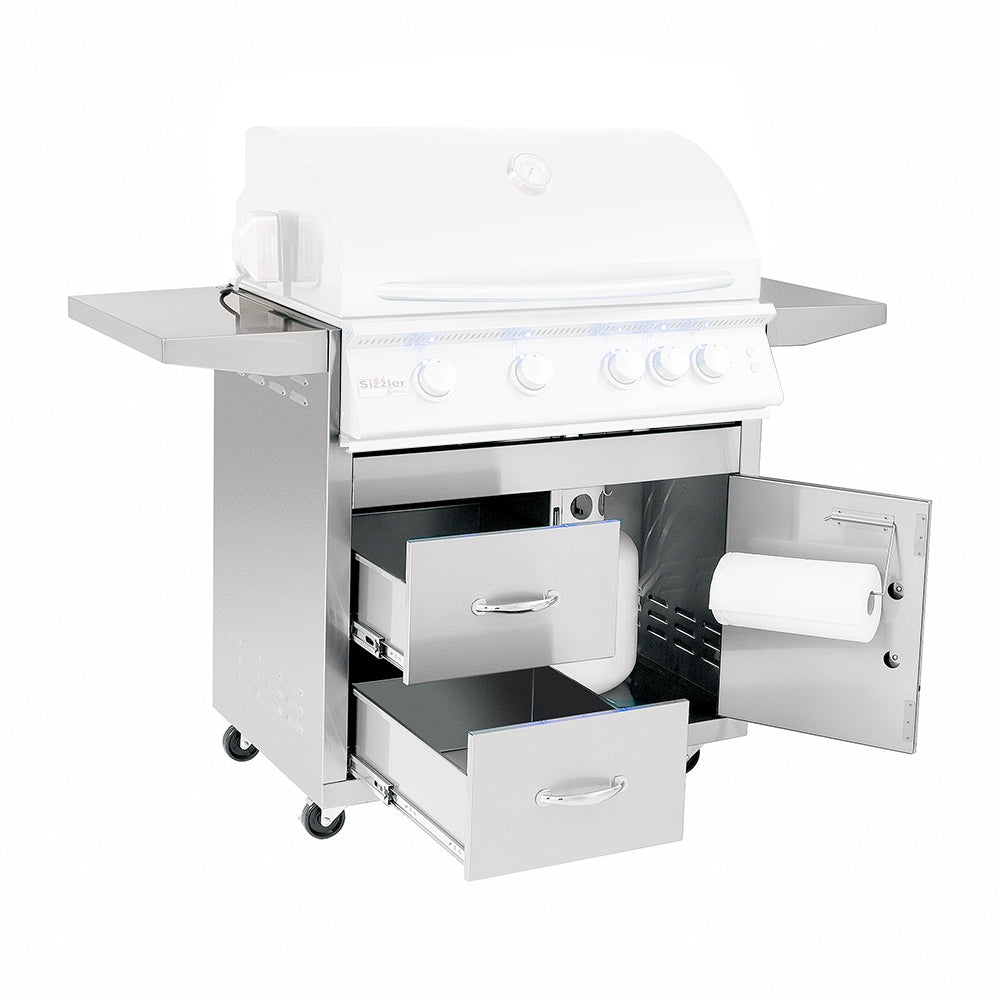 White grill cart with side shelves, control knobs, and open storage drawers