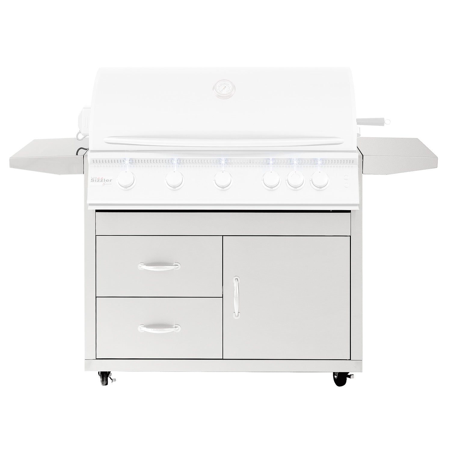 Outdoor grill cart with side shelves, control knobs, and two storage doors