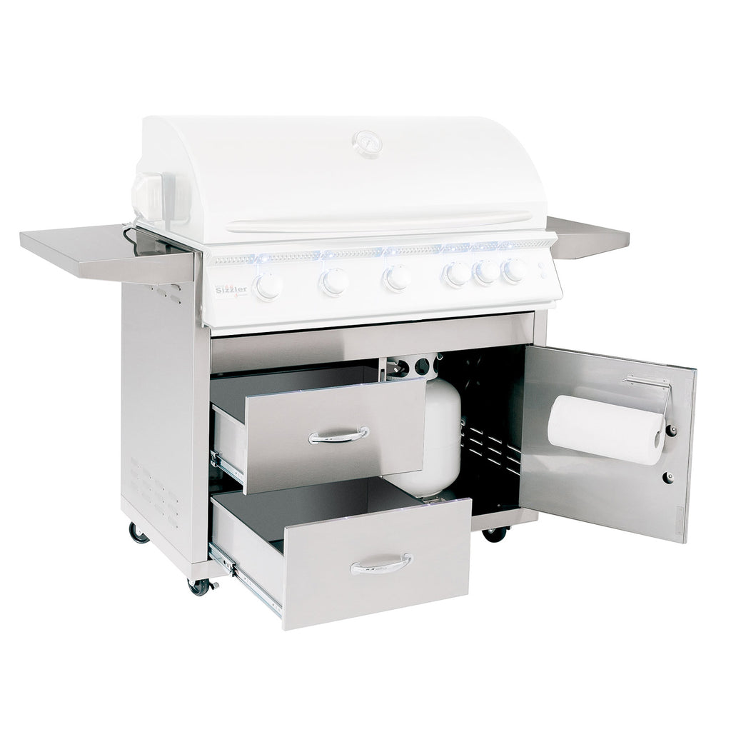 Stainless steel outdoor grill cart with open side cabinet and storage drawers