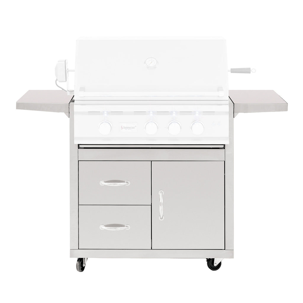 Outdoor grill cart with cabinet doors and two drawers, white finish, front view