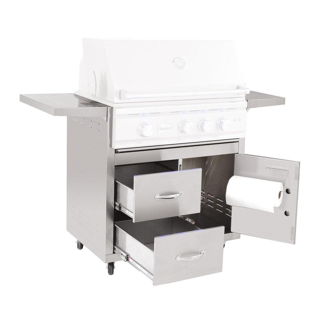 Outdoor grill cart with open storage drawers and paper holder, white finish
