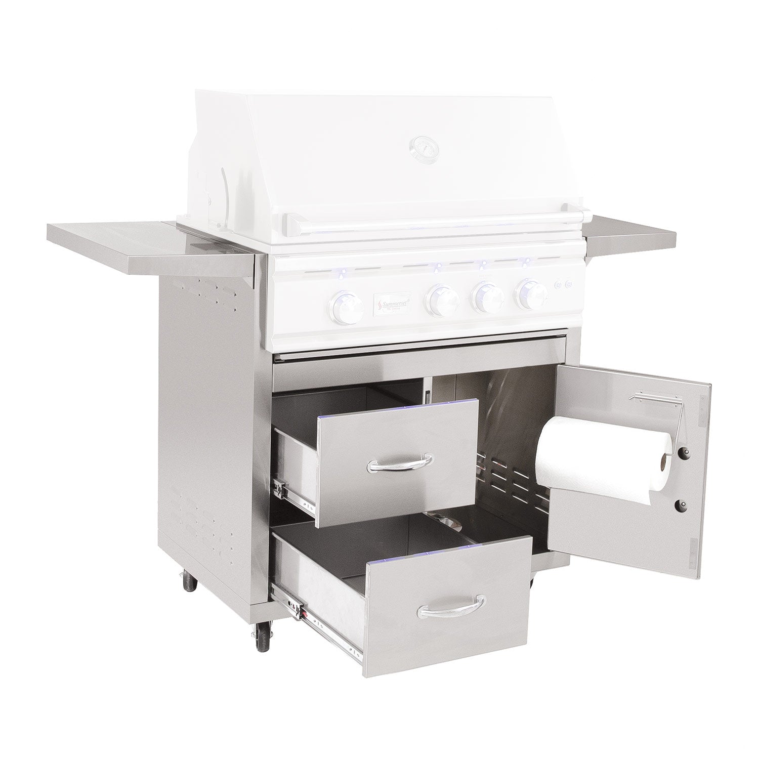 Outdoor grill cart with open storage drawers and paper holder, white finish