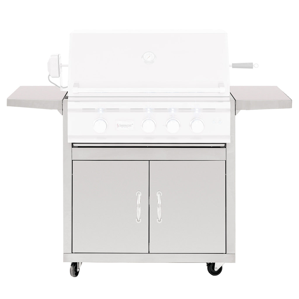 Outdoor grill cart front with two cabinet doors and side shelves