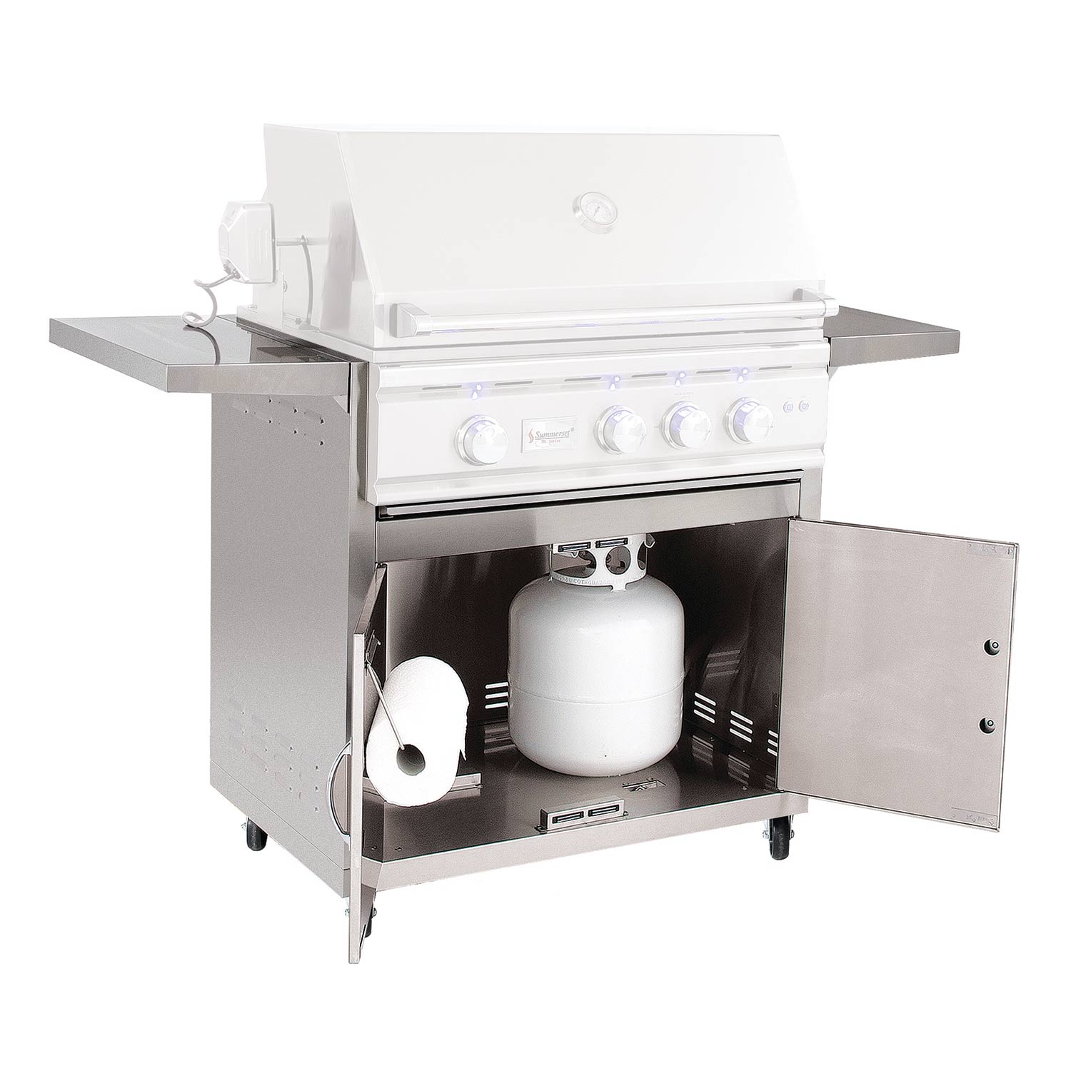 Outdoor grill cart with open cabinet, stainless doors and white propane tank