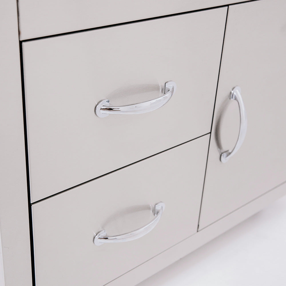 Grill cart drawer fronts with chrome handles, white cabinet doors