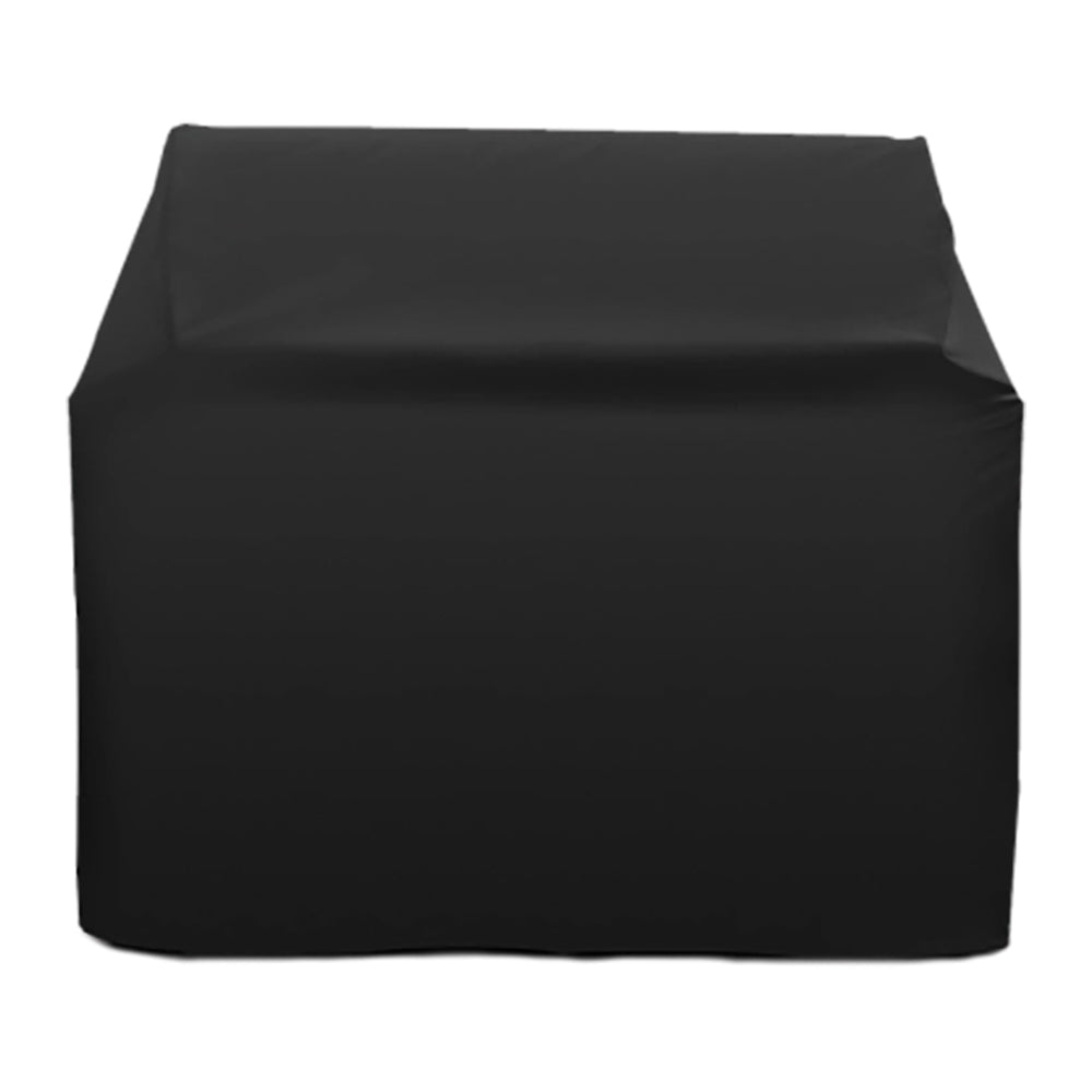 Black freestanding grill cover with smooth fitted fabric and secured top