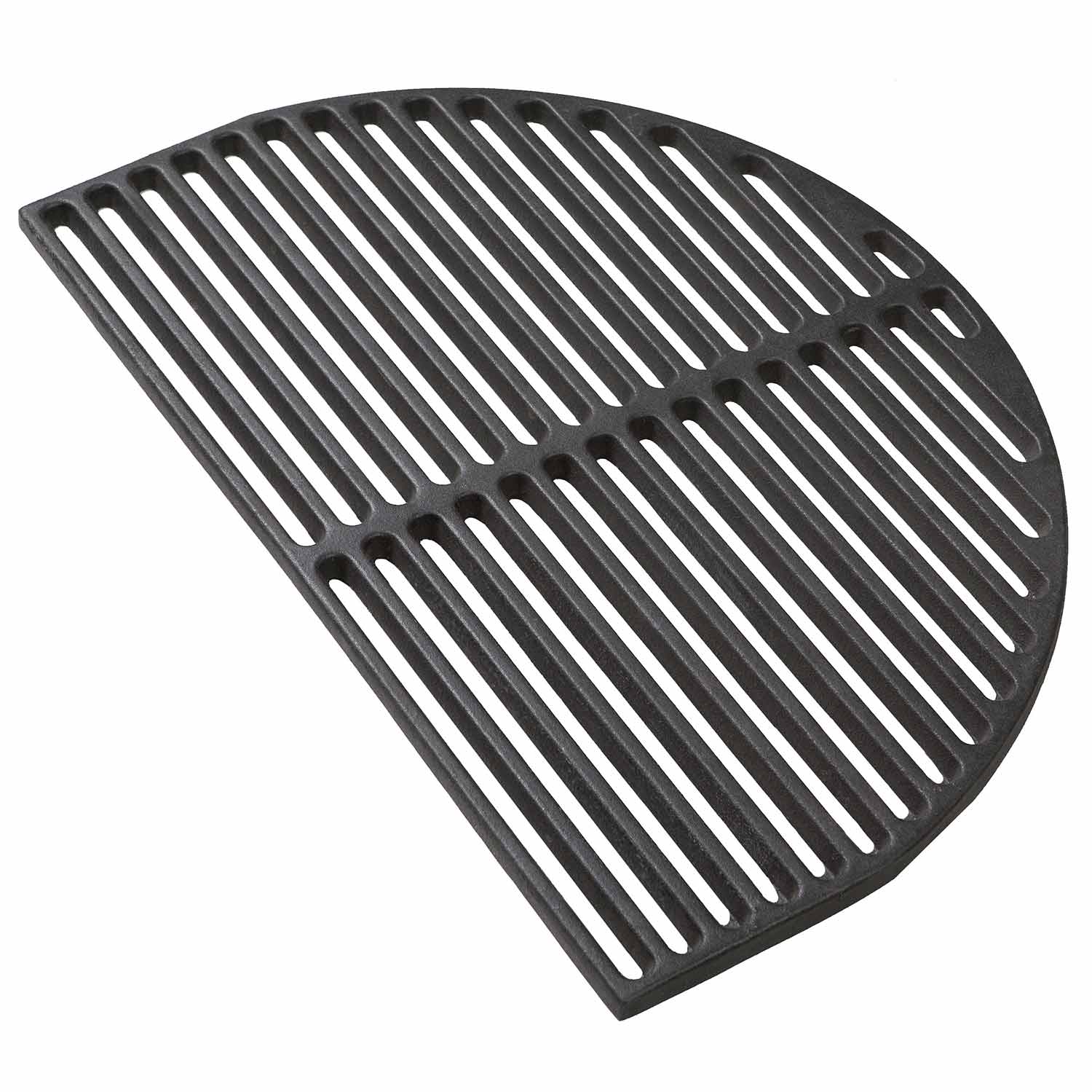 Half-moon cast iron searing grate with parallel heat slots and angled frame