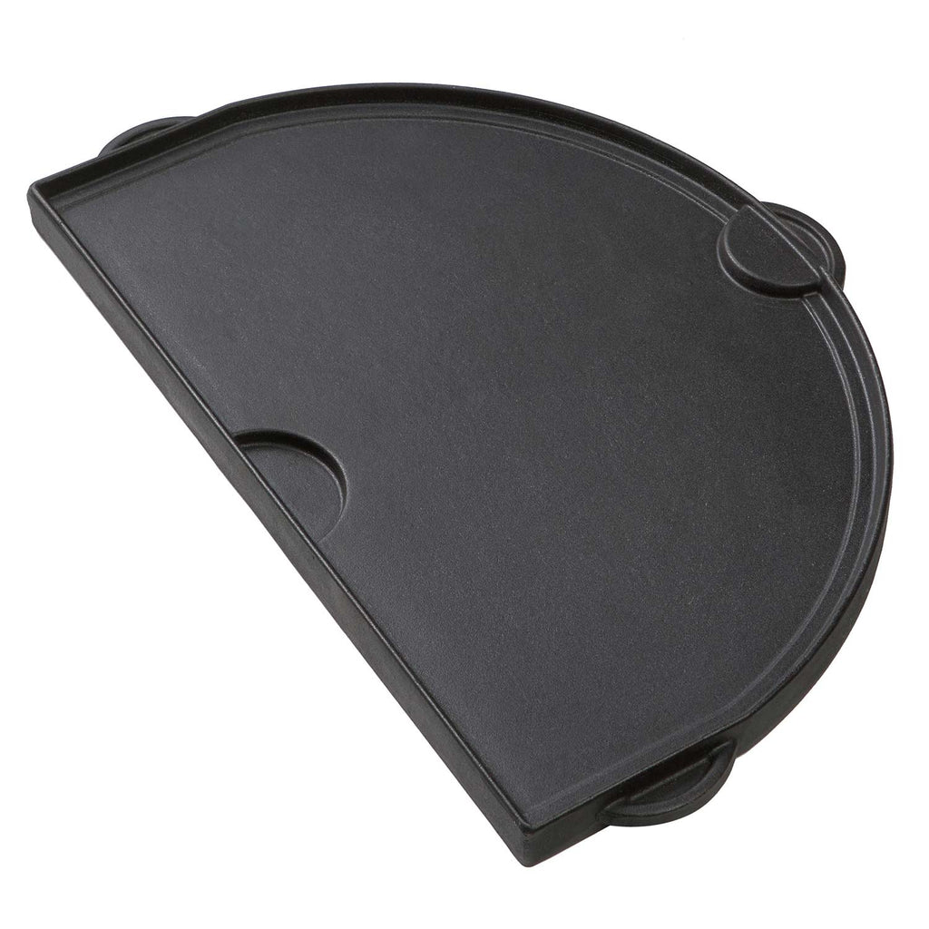 Cast iron half-moon griddle with curved side handles, dark finish