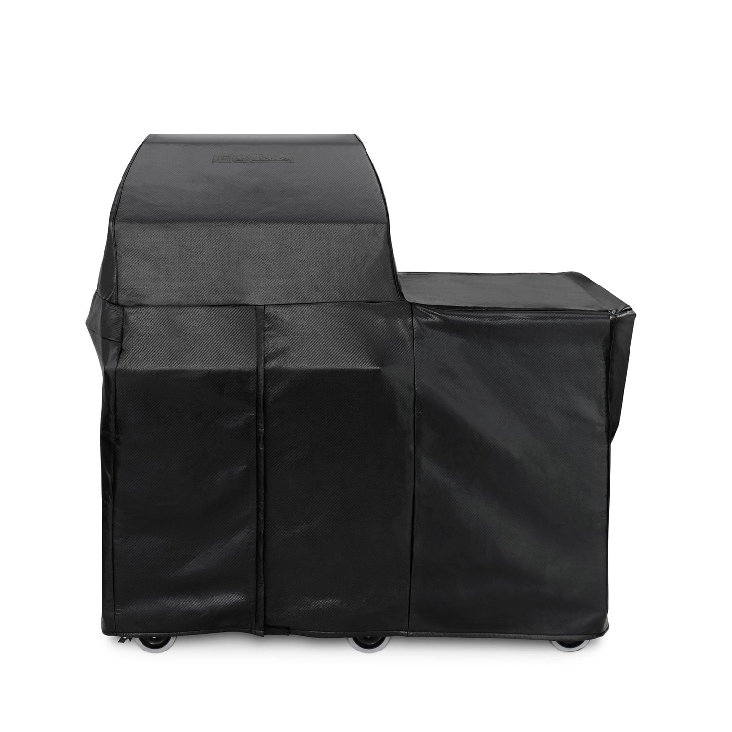 Black carbon fiber vinyl grill and smoker cover, hooded top and fitted side panels