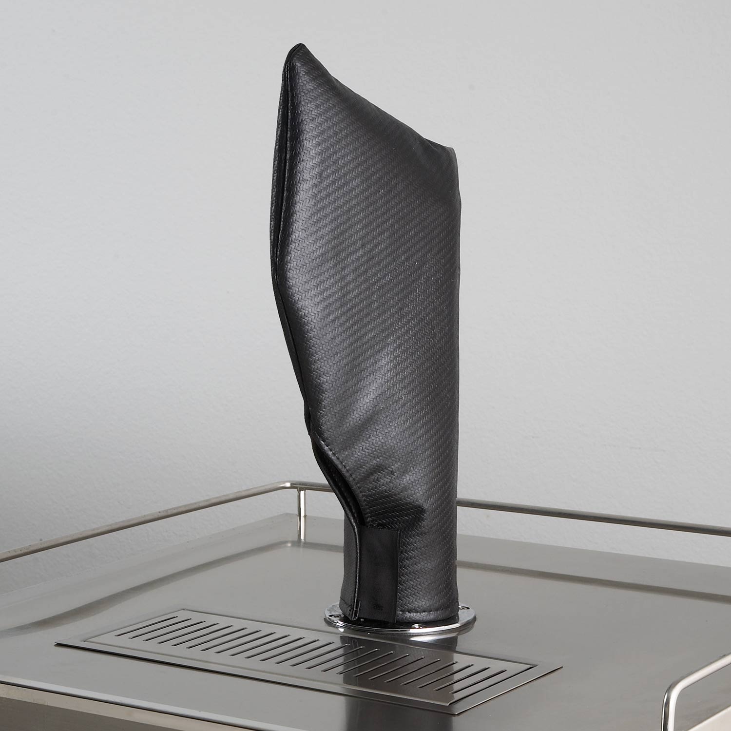 Carbon fiber vinyl tap head cover on kegerator top, dark gray with tapered fit
