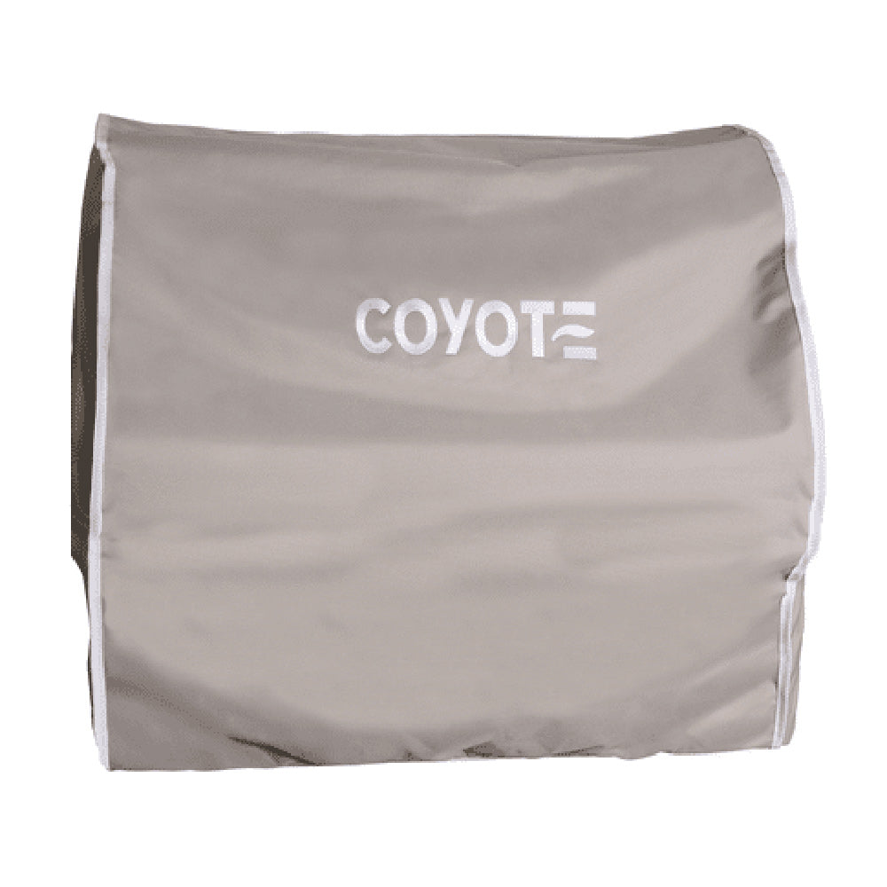 Light gray vinyl built-in pellet grill cover with Coyote logo