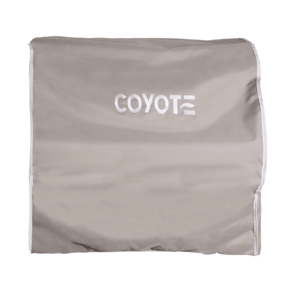 Light gray vinyl grill cover for built-in 34-inch grill, Coyote logo front