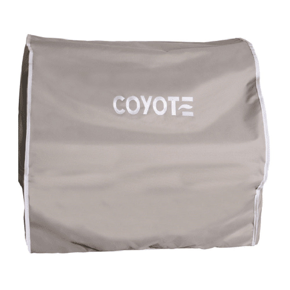 Light gray vinyl grill cover with Coyote logo, reinforced edges