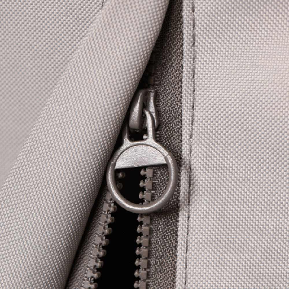 Vinyl grill cover zipper with metal pull and cord lock detail