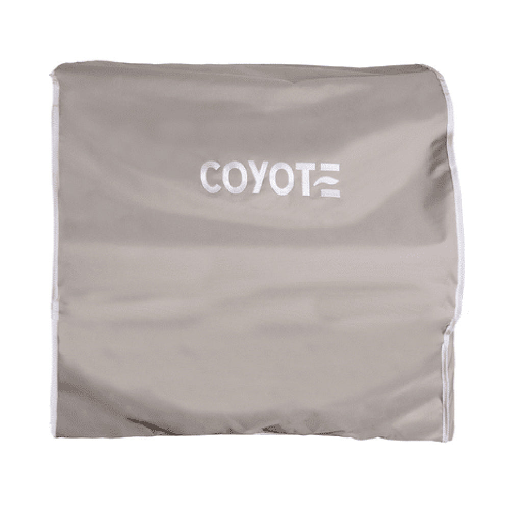 Light gray vinyl grill cover with Coyote logo and stitched edge