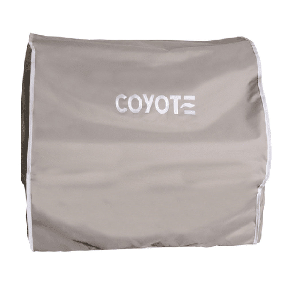 Coyote vinyl grill cover, light gray, side angle with logo