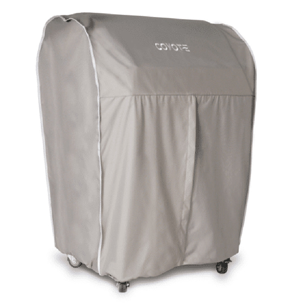 Light gray vinyl freestanding grill cover with Coyote logo on front panel