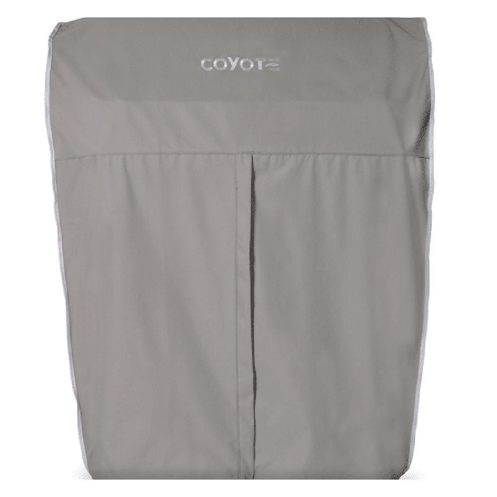 Light gray vinyl grill cover front view with Coyote logo and vertical zipper