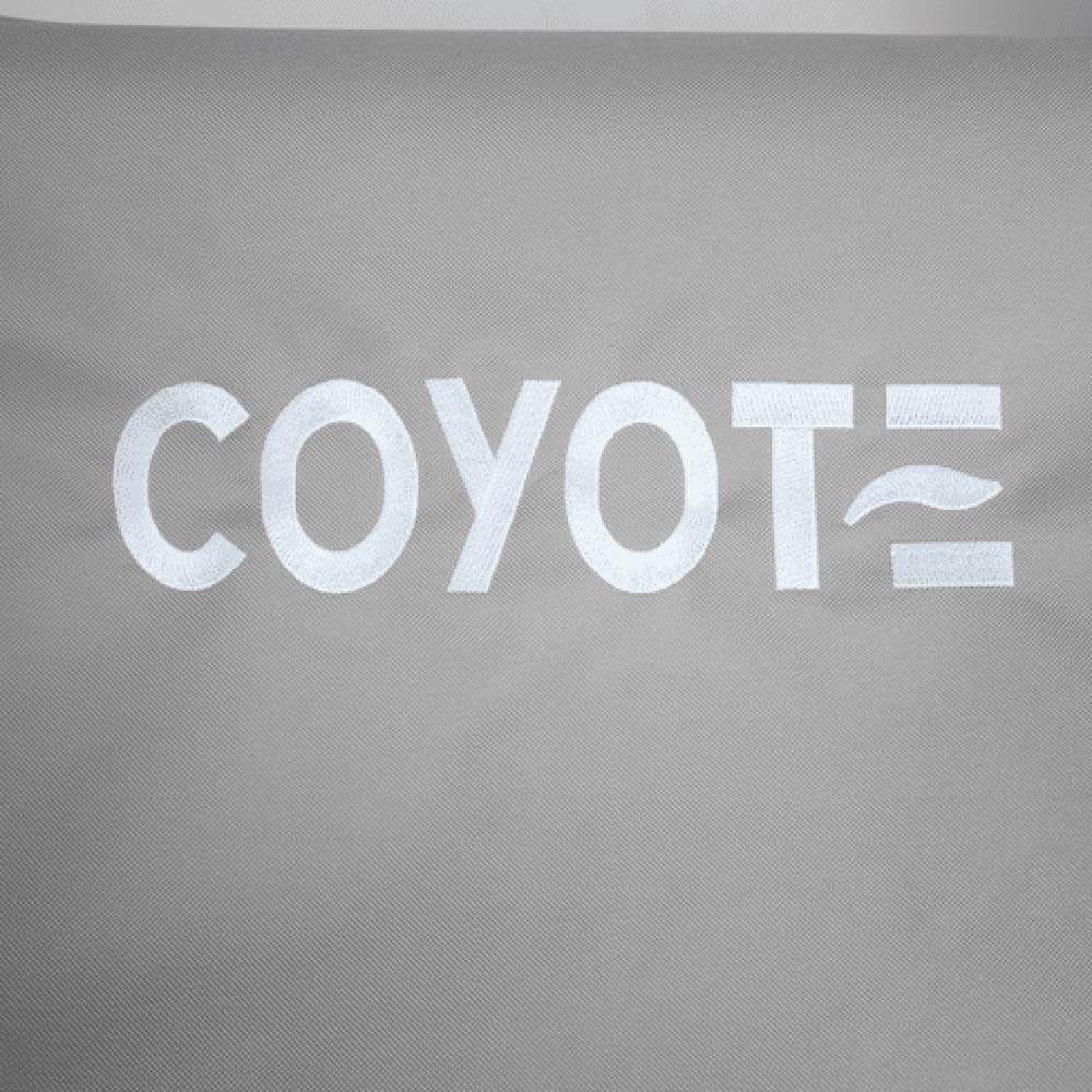 Light gray vinyl portable grill cover with COYOTE logo text
