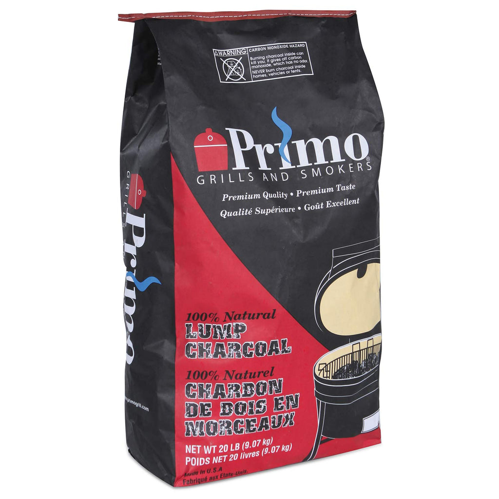 Charcoal bag with Primo Grills and Smokers branding, lump charcoal, natural