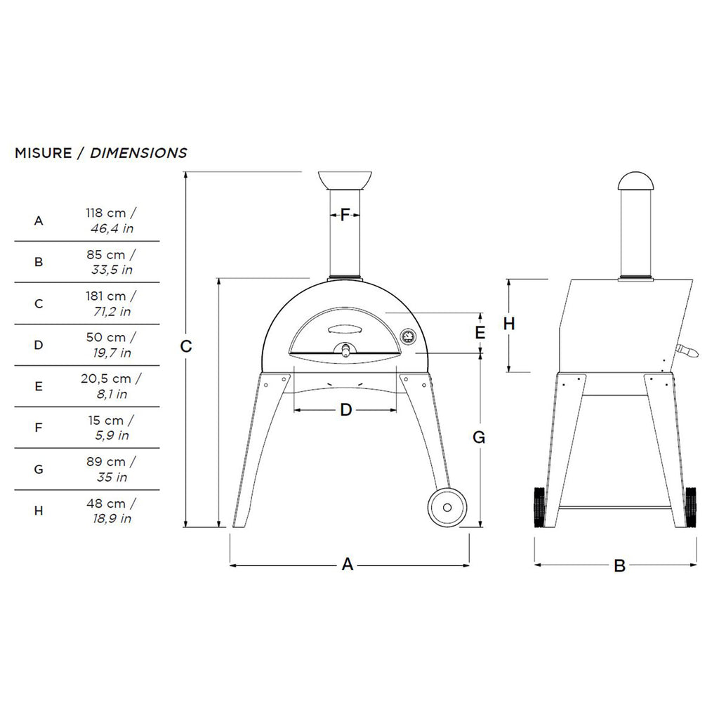 Pizza oven dimensions diagram with labeled height, width, and depth measurements