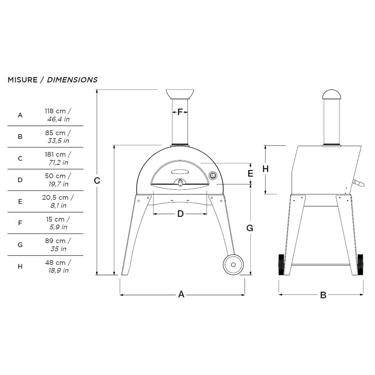 Pizza oven dimensions diagram with labeled height, width, and depth measurements