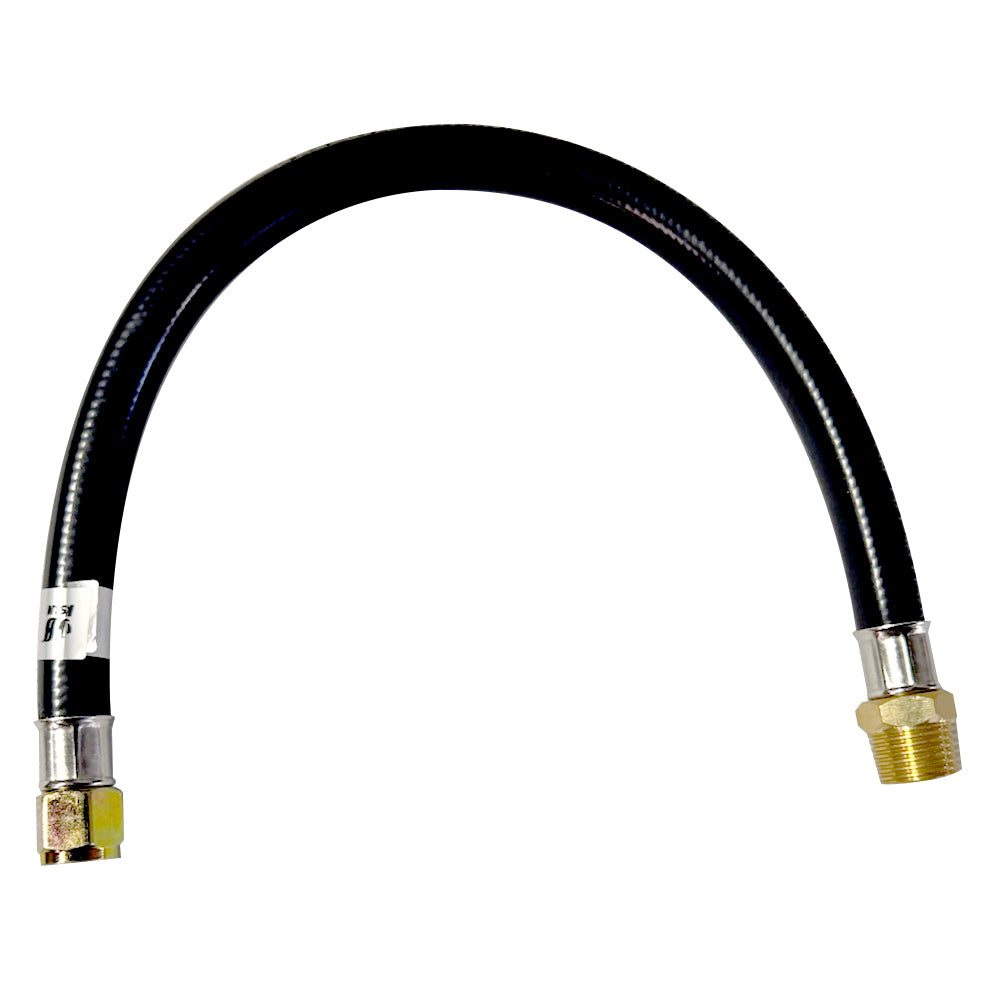 Black propane hose with metal and brass threaded connectors, 16-inch inline regulator